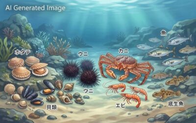道東の寒い海の魚介類ラインナップ(画像はあくまでAIによるイメージです。)