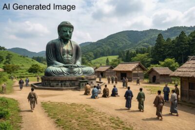鎌倉時代の鎌倉大仏(画像はあくまでAIによるイメージです。史実とは異なる描写がある可能性があります)