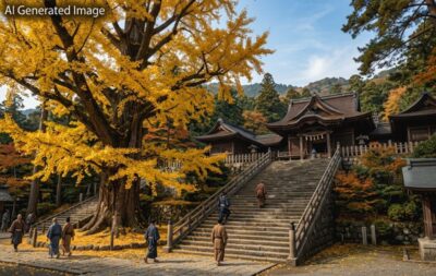 鎌倉時代の鶴岡八幡宮と大銀杏(画像はAIによるイメージです。史実とは異なる描写がある可能性があります)