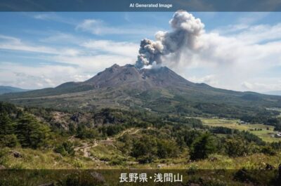 浅間山(画像はAIによるイメージです。)(鉄道唱歌:軽井沢関連)