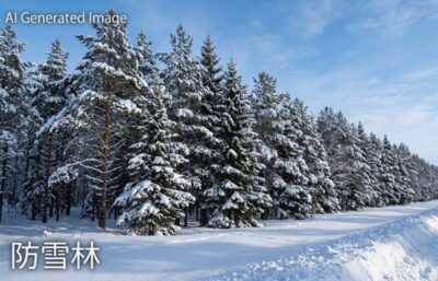 防雪林の例(画像はあくまでAIによるイメージです。)(鉄道唱歌:野辺地関連)