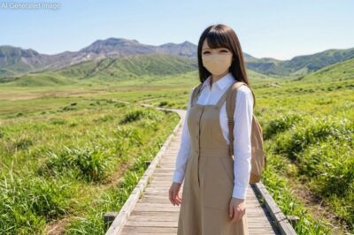 雄大な阿蘇の草千里ヶ浜で撮影した架空のAI自撮りイメージ写真