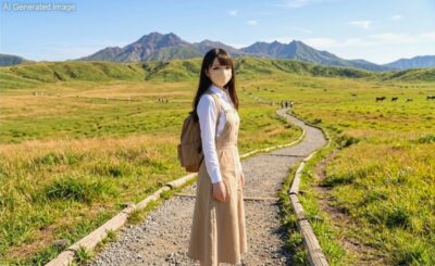 阿蘇の雄大な草千里ヶ浜で旅を締めくくる架空のAI自撮りイメージ写真