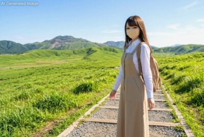 緑豊かな阿蘇の草千里ヶ浜で楽しむ架空の自撮り旅行風景