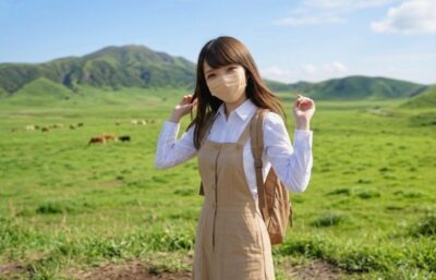 夏の爽やかな阿蘇の草千里ヶ浜で楽しむ架空のAI自撮りイメージ写真