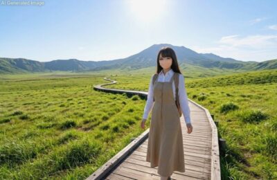 阿蘇の草千里ヶ浜で大自然を満喫する架空のAI自撮りイメージ写真