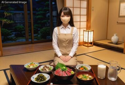 夜、熊本の馬刺し料理と阿蘇のミルクを前に（架空のAI自撮りイメージ写真）