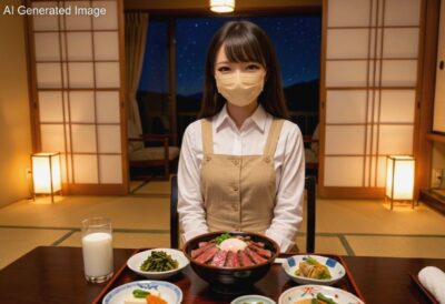 熊本名物の馬刺し料理、阿蘇のミルクを前に（架空のAI自撮りイメージ写真）