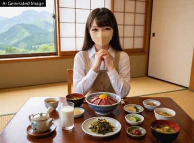 熊本名物の馬刺し料理、阿蘇のミルクを前に（架空のAI自撮りイメージ写真）