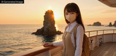 隠岐・ローソク島の遊覧船より（という設定のAI画像）。