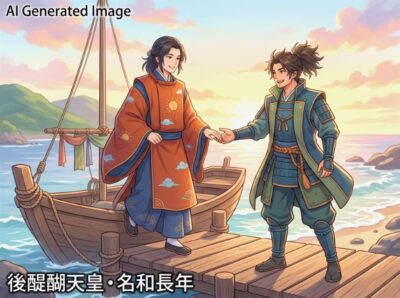 隠岐を脱出した後醍醐天皇の舟を迎える名和長年（画像はAIによるイメージです）