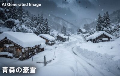 青森の豪雪(画像はあくまでAIによるイメージです。)(鉄道唱歌:野辺地関連)