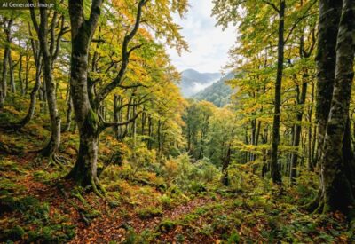 青森県・白神山地のブナ原生林（画像はAIによるイメージです。実際の景色ではありません）（五能線の旅関連）