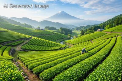 静岡の茶畑(画像はAIによるイメージです。実際の景色ではありません)(鉄道唱歌:小夜の中山・菊川→掛川関連)