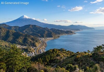 薩埵峠からの富士山(画像はあくまでAIによるイメージです。)(鉄道唱歌:興津・清水関連)