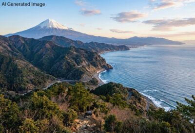 薩埵峠からの富士山(画像はあくまでAIによるイメージです。)(鉄道唱歌:興津・清水関連)