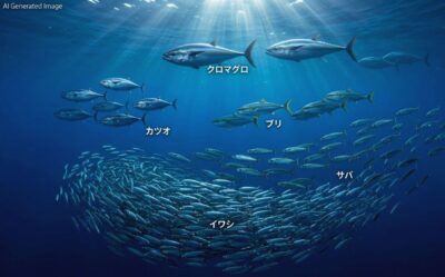 黒潮の魚たちの例(画像はあくまでAIによるイメージです。実際の海洋環境や個々の魚種の生息域等とは異なる場合がありますので、ご了承ください。)(銚子の地理・歴史解説)