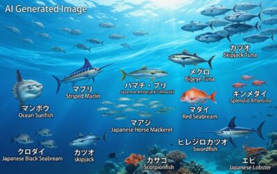 黒潮の魚たちの例(画像はあくまでAIによるイメージです。)(銚子の地理・歴史解説)