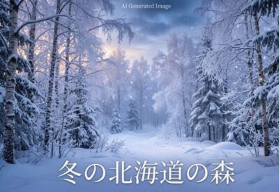冬の北海道の森の例(画像はあくまでAIによるイメージです。)(鉄道唱歌:北海道編関連)