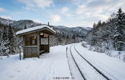 北海道の秘境駅の例(画像はあくまでAIによるイメージです。)(鉄道唱歌:北海道編関連)