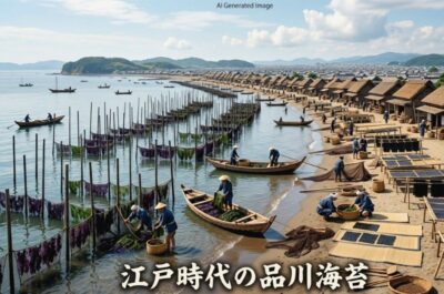 鉄道が開通する少し前の江戸時代、品川はこのように「海苔(のり)」が名物の場所でもあったのでした。(画像はあくまでAIによるイメージです。)
