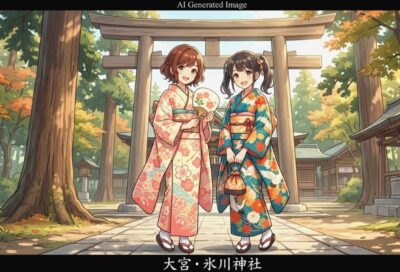 大宮・氷川神社(埼玉県さいたま市)の参詣(画像はあくまでAIによるイメージです。実際の神社境内・景観・人物等とは異なりますので、ご了承ください。)(鉄道唱歌:大宮関連)