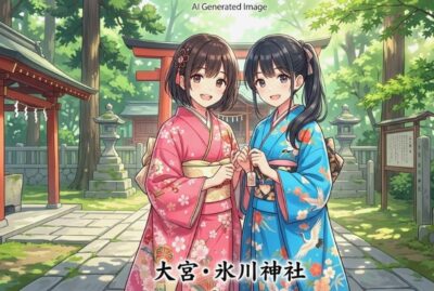 大宮・氷川神社(埼玉県さいたま市)の参詣(画像はあくまでAIによるイメージです。実際の神社境内・景観・人物等とは異なりますので、ご了承ください。)(鉄道唱歌:大宮関連)