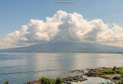 夏の雲をすっぽりかぶった富士山(画像はあくまでAIによるイメージです。)