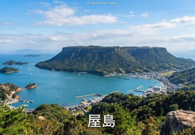 屋島の例。山のてっぺんが平らな「メサ」と呼ばれる特徴的な地形となっている(画像はあくまでAIによるイメージです。)(鉄道唱歌 香川編の歴史解説)