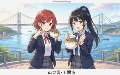 山口県下関市の観光（関門海峡、ふぐのぬいぐるみ等）（画像はあくまでAIによるイメージです。実際の景色・人物等ではありませんので、ご了承ください。）