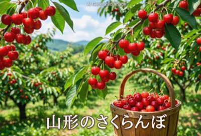 山形のさくらんぼ（画像はあくまでAIによるイメージです。）（鉄道唱歌　山形編）