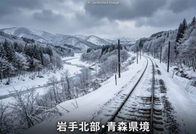岩手北部・青森県境の線路(画像はあくまでAIによるイメージです。実物・実際の景色ではありませんので、ご了承ください)
