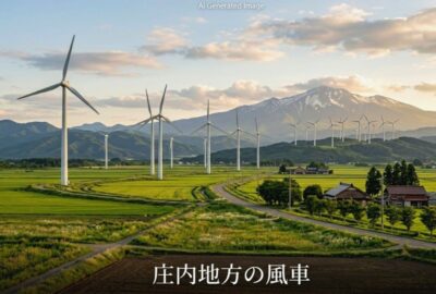 「清川だし」とよばれる強風を味方につけた、風力発電を行う庄内平野の風車（画像はあくまでAIによるイメージです。）（鉄道唱歌　山形編）