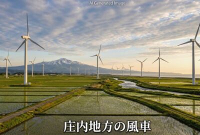風力発電の風車が立ち並ぶ庄内地方の風景(画像はあくまでAIによるイメージです。)(東北の田園地帯や農業の歴史解説)