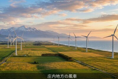 庄内平野に広がる風車と豊かな自然(画像はあくまでAIによるイメージです。)(東北の田園地帯や農業の歴史解説)