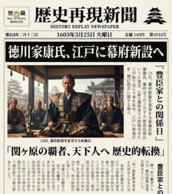 関ヶ原の戦いに勝利し、江戸に幕府を開いた徳川家康(画像はあくまでAIによるイメージです。もちろん実際の新聞ではありません😅)