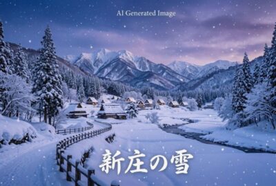 新庄の雪（画像はあくまでAIによるイメージです。）（鉄道唱歌　山形編）
