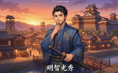 福知山の英雄・明智光秀(画像はあくまでAIによるイメージです。史実とは異なる描写がある可能性がありますので、ご了承ください。)