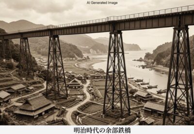 明治時代の余部鉄橋(餘部鉄橋)。「ハ」の文字のような形の橋げたが連続する「トレッスル橋」となっていた。(画像はあくまでAIによるイメージです。)