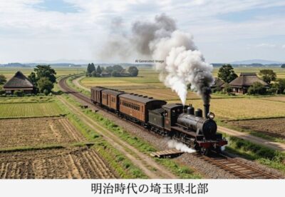 明治時代の埼玉県北部をゆく蒸気機関車(画像はあくまでAIによるイメージです。史実とは異なる描写がある可能性がありますので、ご了承ください。)(鉄道唱歌:中山道・蓮田・栗橋関連)