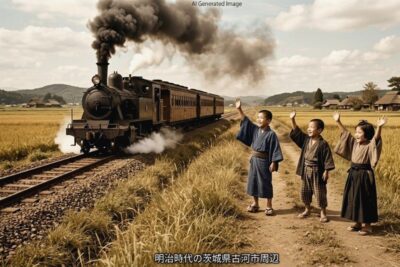 明治時代の古河（現在の茨城県古河市）あたりをゆく蒸気機関車と、「万歳」のポーズで見送る子どもたち（画像はあくまでAIによるイメージです。）