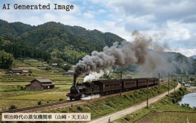 明治時代の蒸気機関車（山崎・天王山）（画像はあくまでAIによるイメージです。）（鉄道唱歌：淀川関連）