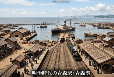 明治時代の青森駅・青森港(画像はあくまでAIによるイメージです。史実とは異なる描写がある可能性がありますので、ご了承ください。)