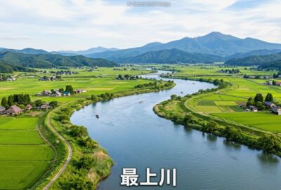 山形県を代表する大河・最上川（画像はあくまでAIによるイメージです。実物・実際の景色ではありませんので、ご了承ください。）（鉄道唱歌　山形編）