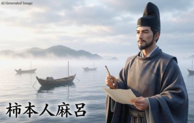 朝霧に包まれる明石の海の柿本人麻呂と、奥にかすむ淡路島（画像はあくまでAIによるイメージです。）