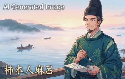 朝霧に包まれる明石の海の柿本人麻呂と、奥にかすむ淡路島（画像はあくまでAIによるイメージです。）