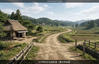 江戸時代の北国街道・善光寺街道(画像はあくまでAIによるイメージです。)(鉄道唱歌:信濃追分関連)