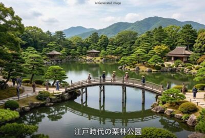 江戸時代の栗林公園の例(画像はあくまでAIによるイメージです。)(鉄道唱歌 香川編の歴史解説)