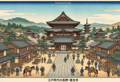 江戸時代の長野・善光寺と、その門前町（画像はあくまでAIによるイメージです。）