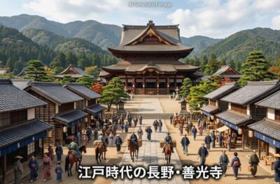 江戸時代の長野・善光寺（画像はあくまでAIによるイメージです。史実とは異なる描写がある可能性がありますので、ご了承ください。）（鉄道唱歌の旅）